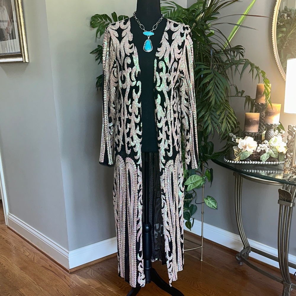 Elegant Black and Cream Women's Long Embroidered Jacket
